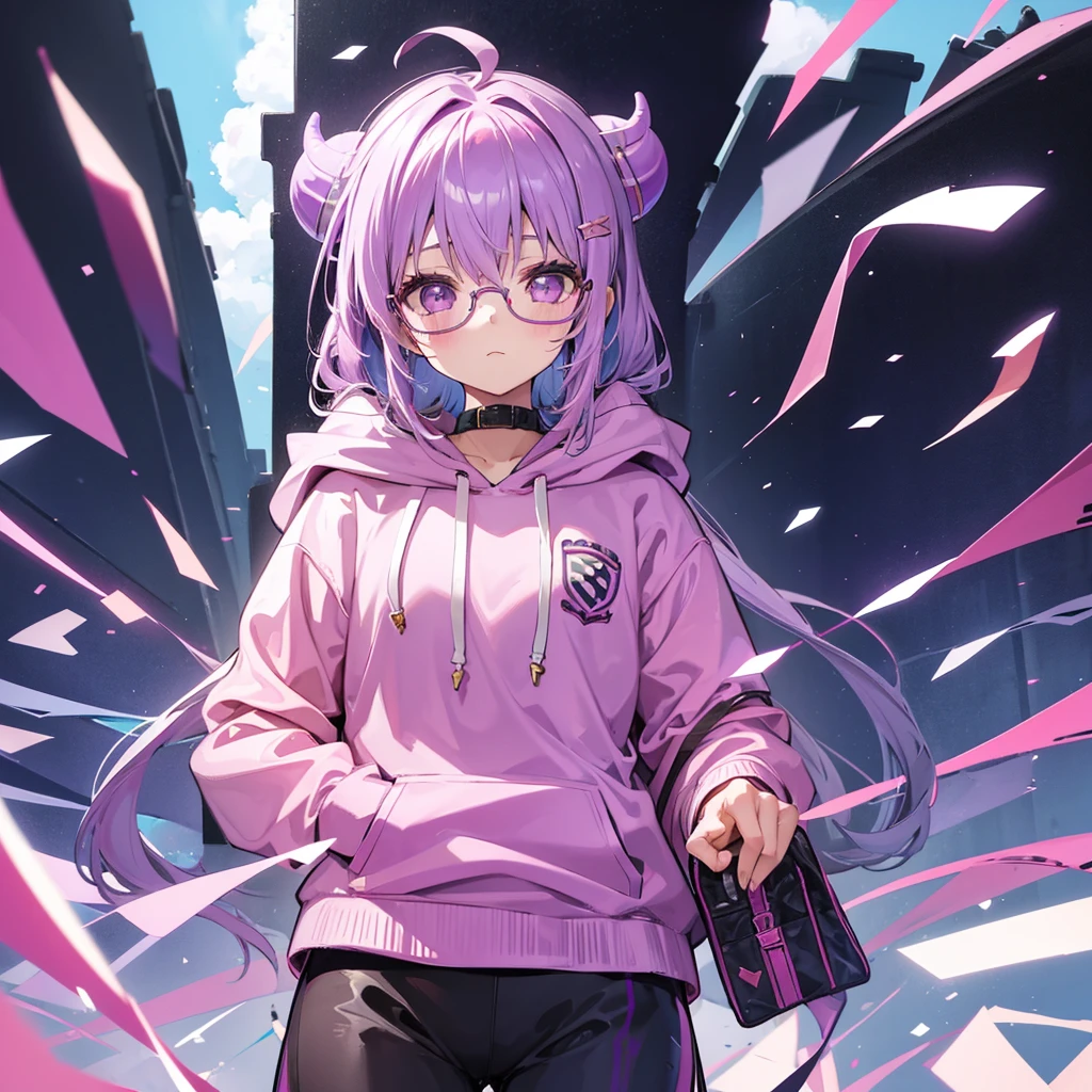 A girl with light purple hair and pink glasses and a hoody and small horns