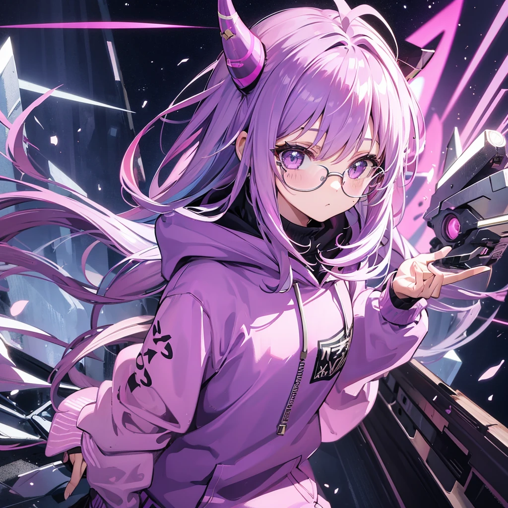 A  girl with light purple hair and pink glasses and a hoody and small horns 