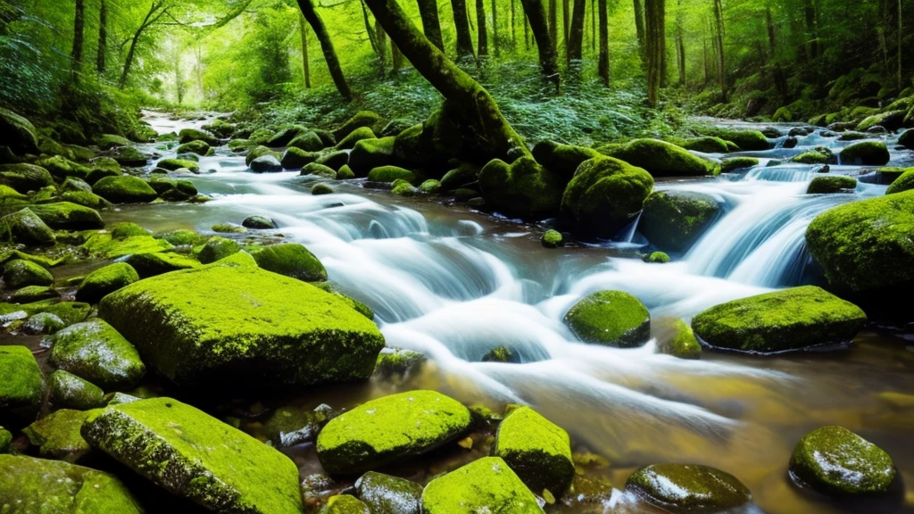 Professional photography, highest resolution DSLR camera Maximum details Perfect shadow, 16K image, flowing water, stream, green trees, beautiful falling flowers, romantic.
