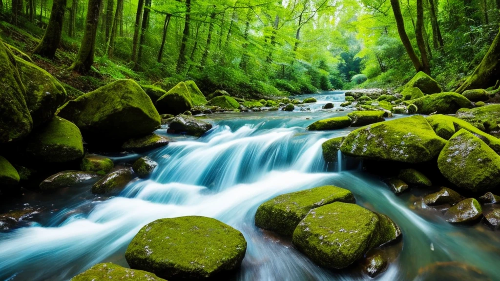 Professional photography, highest resolution DSLR camera Maximum details Perfect shadow, 16K image, flowing water, stream, green trees, beautiful falling flowers, romantic.