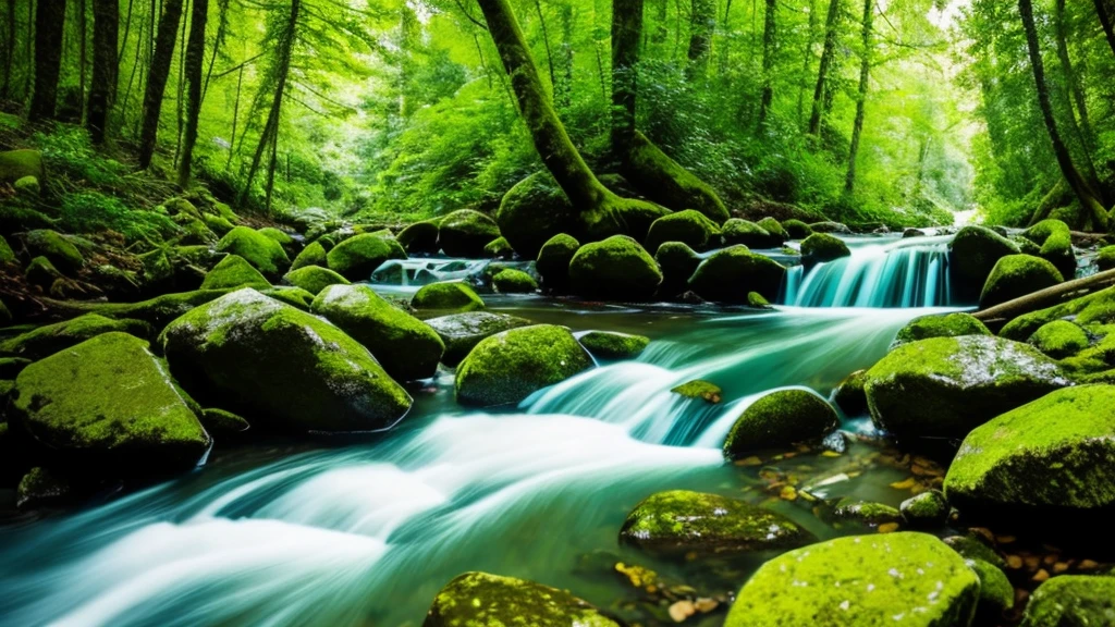 Professional photography, highest resolution DSLR camera Maximum details Perfect shadow, 16K image, flowing water, stream, green trees, beautiful falling flowers, romantic.