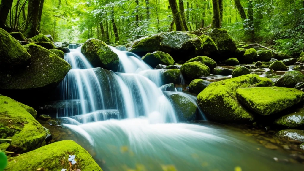 Professional photography, highest resolution DSLR camera Maximum details Perfect shadow, 16K image, flowing water, stream, green trees, beautiful falling flowers, romantic.