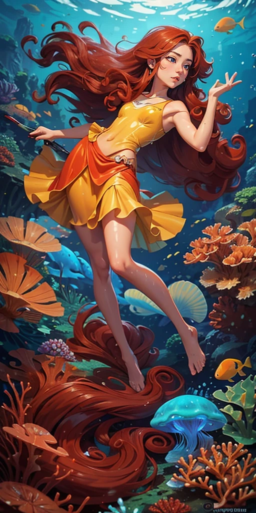 (must-have piece), (best quality), highly detailed, 1 girl, full-length solo shot, perfect face, beautiful girl, highly detailed顔, (long curly red hair: 1.5), (green eyes: 1 ,4), (float: 1.4 ), (in water: 1.4), seabed, bubble, school of fish, coral reef, small, light, jellyfish, algae, red fish, yellow fish, deep sea , fancy