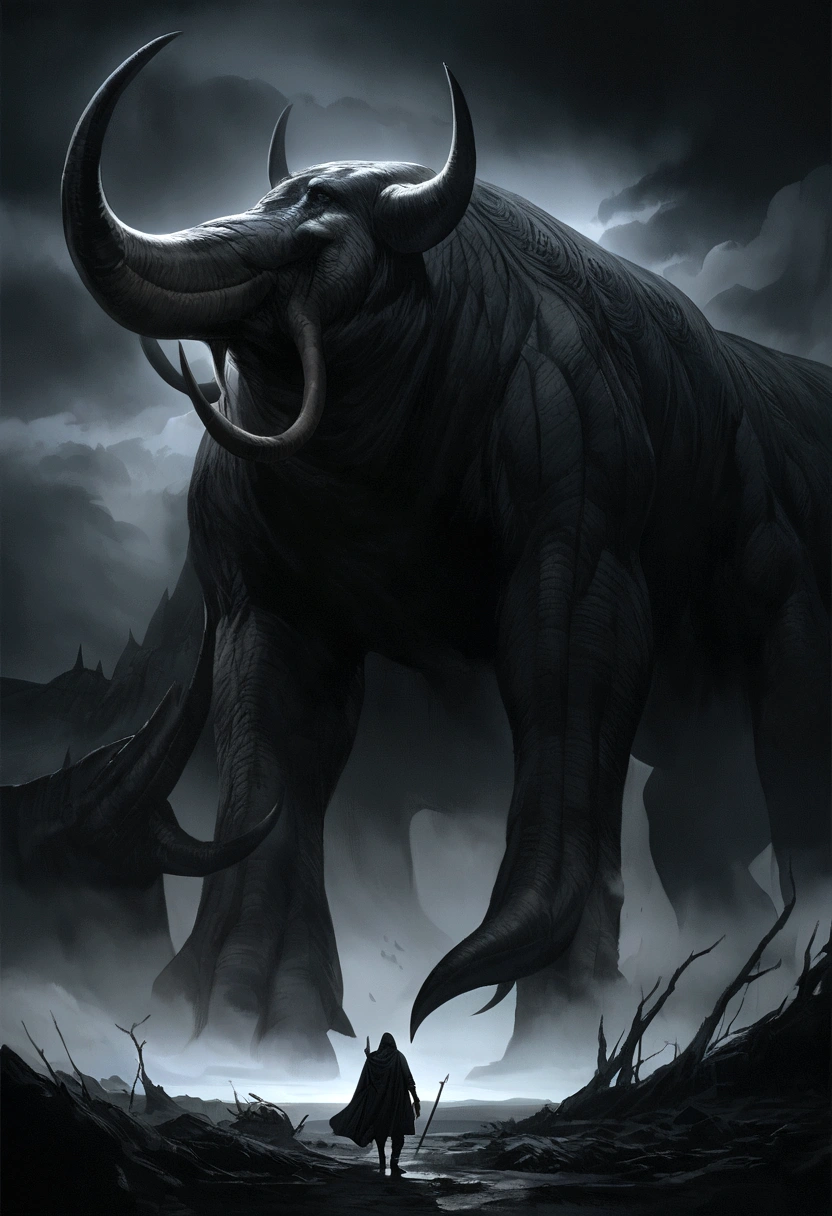Create a highly detailed surrealistic mighty Oliphaunt with four long tusks from Lord of the Rings walking through a highly detailed photorealistic dark field in a dark black night full of dark clouds. 