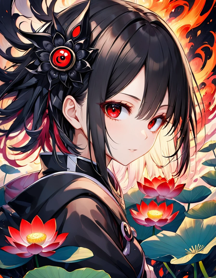 ódio no olhar Exquisite and charming anime style illustration, android 18 Naruto fusão com Vegeta dark Venom fire in the lotus flower black fire black bed, a beautiful girl with withe black dark devil hair, Sharingan red eyes, half body, hiding in the flowers dark black , colorful and dazzling black . Intricate details, rendering and painting techniques come together to create a mesmerizing scene that evokes elegance and otherworldly elegance.