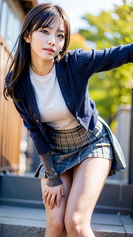 (Realistic, photo Realistic:1.2), ((Highest quality)), ((Detailed eyes、Beautiful Eyes、Fine Eyes))、Race Queen、Return the center of gravity, Quite embarrassing, Tight Skirt, (Pull-up skirt:1.3), Black Penny Loafers, Beautiful face details, Real human skin, Gentle expression, angle from below, Realistic, photoRealistic, cute, Short skirt, deep on school grounds, cute school girl, Japan