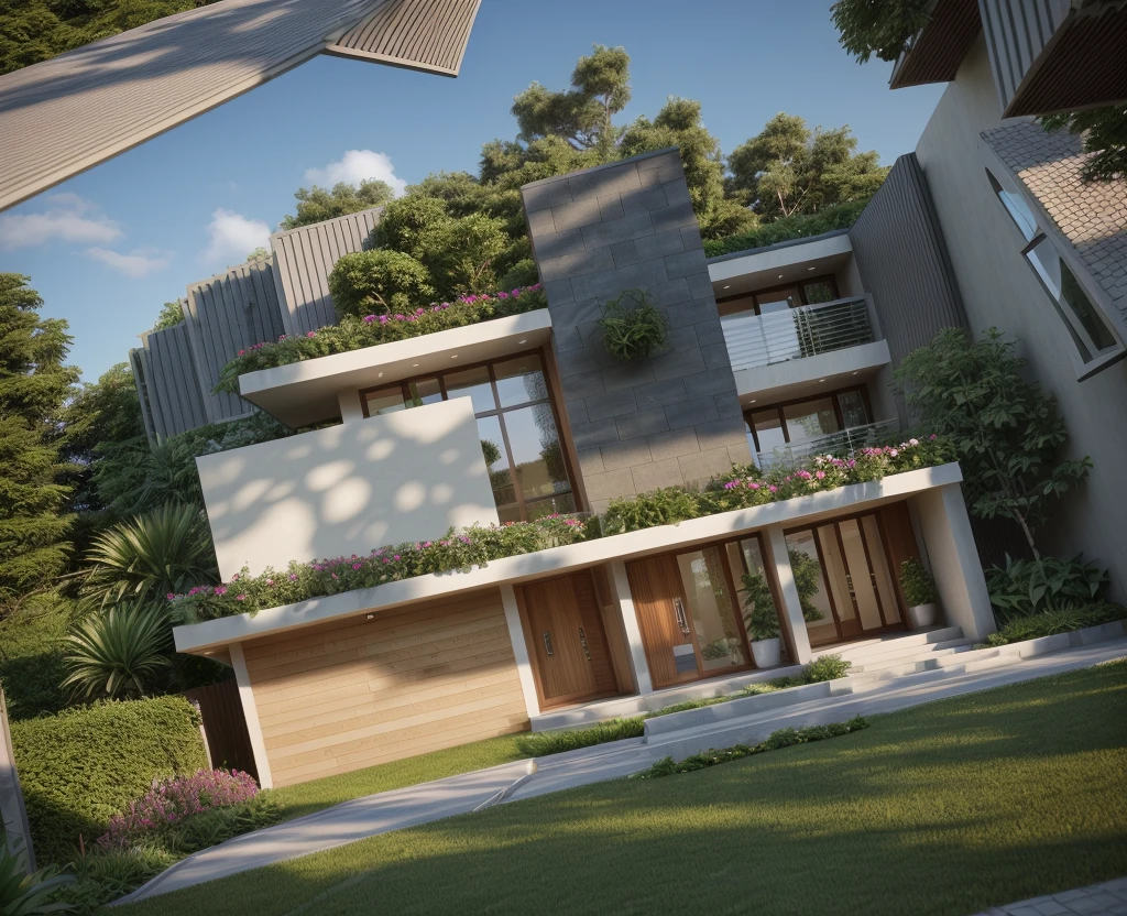 ((best quality)), ((masterpiece)), (detailed), perfect face, ((Masterpiece)), (best quality), (ultras Realistic), 8k, Raw photo, a rendering of a modern house with vietnamese roof anh brick yard , realistic garden, contemporary house, exterior design, wide establishing shot, modern house, in style of simplified realism, concept house, realistic building, front elevation view, wide angle exterior 2022, inter dimensional villa, building facing, sharp focus ilustration hq, modern style, realistic establishing shot, concept house, wide angle exterior 2022, precise architectural rendering, inter dimensional villa, award-winning render, front-view, mid-view, detailed rendering, architectural render, architecture render, modern house, architectural visualization, realistic architecture, insanely detailed rendering, exterior , trees landscape, sky wood paneled ceiling, a rendering of a modern house with a garden, precise architectural rendering, high quality rendering, award-winning render, professional render, beautiful 3 d rendering, beautiful rendering, architectural rendering, a photorealistic rendering, luxcore render, stunning render, an award winning digital render, beautiful rendered, high-quality render, architectural 3 d render, artistic render, a view of a garden with lots of flowers and plants, in a cottagecore flower garden, cottagecore flower garden, lush flowery outdoors, garden with flowers, flower garden summer morning, lots of plants and flowers, lush garden surroundings, lush chic garden, with a french garden, lush plants and flowers, home and garden, garden at home, homes and gardens, permaculture, with a garden, sustainable architecture, gardening, green house, homes and garden magazine, beautiful house on a forest path, vegetal architecture, a rendering of a modern house with a small balcony and a bancony , precise architectural rendering, modern house, contemporary house, concept house, street,