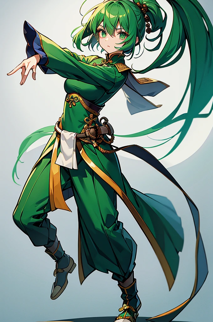 Green Hair、Her hair is short、small breast、upright stance、full body、Fighter、male、Uniform、Chinese Knight、Chinese style、White background、No exposure、China dress、pants、band、front、White clothes、Kung Fu