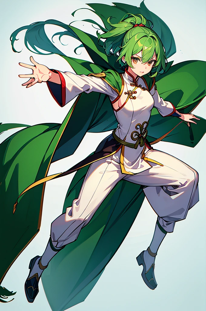 Green Hair、Her hair is short、small breast、upright stance、full body、Fighter、male、Uniform、Chinese Knight、Chinese style、White background、No exposure、China dress、pants、band、front、White clothes、Kung Fu