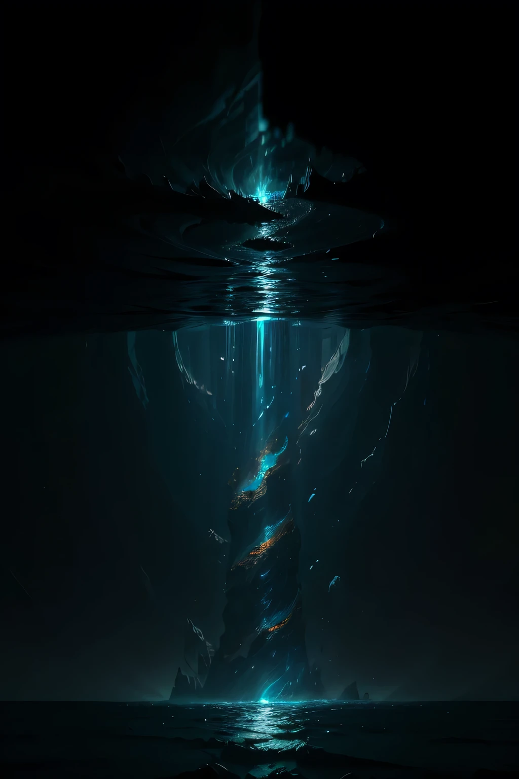 Underwater Cataclysm, Best Quality, (Detailed Scene:1.1), (High Definition:1.1), A massive fault break, the earth's crust splitting apart, a spectacle of nature's raw power, Deep Trench, Pressure-filled abyss, Coral reefs crumbling, schools of bioluminescent fish darting, Swirling currents, Vibrant colors faded, Shadows dance on the sands below, Grainy debris drifting, Silt settling, Silence broken by the rumble, Light fractures the darkness, Cracks spreading, Water cascading, Tectonic plates clashing, Gusts of sand