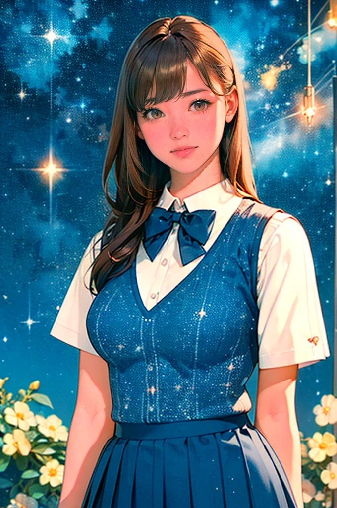 (masterpiece:1.2, Highest quality), (Realistic, photoRealistic:1.4), Beautiful illustrations, (Natural Side Lighting, Cinema Lighting), Depth of field,
Looking at the audience, (Face Focus, Upper Body), Front view, 1 Girl, high school girl, s old, Perfect Face, Cute symmetrical face, Shiny skin,
(Blonde Long Hair), Asymmetrical bangs, Big bright brown eyes、long eyelashes chest)、 thin,
Beautiful Hair, Beautiful Face, Beautiful and beautiful eyes, Beautiful clavicle, Beautiful body, Beautiful breasts, Beautiful thighs, Beautiful legs, Beautiful fingers,
((High-quality fabric, brown knit vest, Short sleeve white collar shirt, Navy Pleated Skirt, Navy bow tie)),
((Starry sky background)), whitestar