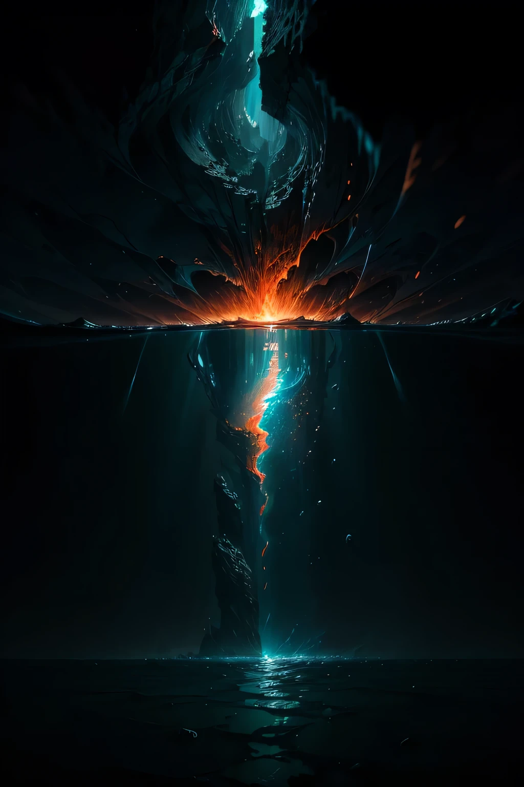 Underwater Cataclysm, Best Quality, (Detailed Scene:1.1), (High Definition:1.1), A massive fault break, the earth's crust splitting apart, a spectacle of nature's raw power, Deep Trench, Pressure-filled abyss, Coral reefs crumbling, schools of bioluminescent fish darting, Swirling currents, Vibrant colors faded, Shadows dance on the sands below, Grainy debris drifting, Silt settling, Silence broken by the rumble, Light fractures the darkness, Cracks spreading, Water cascading, Tectonic plates clashing, Gusts of sand
