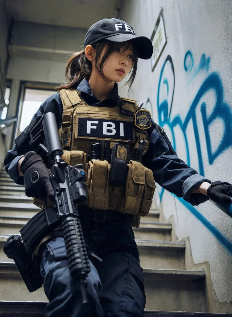 8K,Realistic Photo、Realistic Skin Texture、Superrealism、Japanese female member of FBI SWAT、nervous、Vigilance、Accurate equipment depiction、cap、Operation、Carefully climbing the stairs of a building、Stains on the wall、Suggestive wall graffiti、demarcation