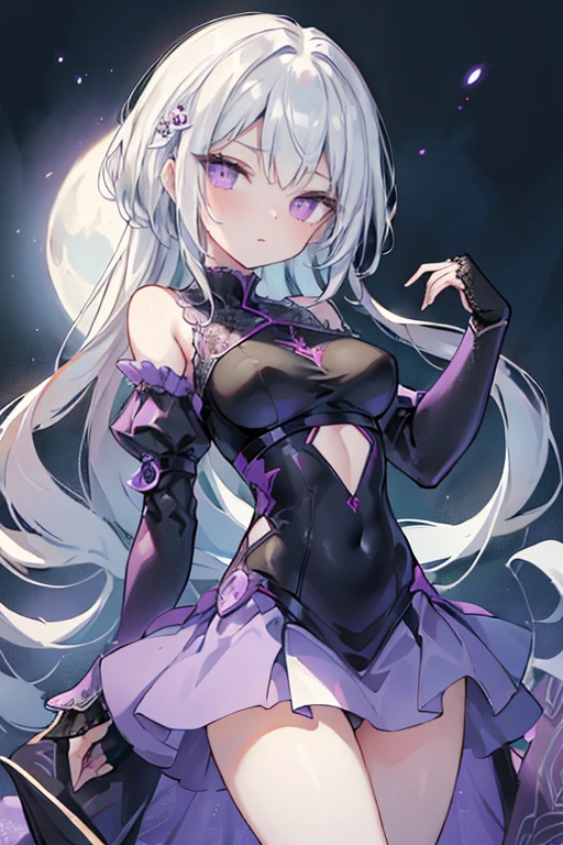 1girl, アニメ, cute girl, blank background, white background, fantasy, detailed fantasy dress with highlights, beautiful face, beautiful eyes, dark colors, black hair with multicolor streaks, red eye with different color pupil in eye, multicolor eye, medium breasts, slight cleavage, beautiful skin, cute, breast curtains, extremely delicate and beautiful, (beautiful detailed face:1.0), (detailed deep eyes), symmetrical breasts, deep eyes, shiny skin, portrait, slender waist, hips wider than shoulders, thighs, expressionless, young girl, luminous eyes, adorable，（Kpop idol）,（aegyo sal：1），（Platinum blonde hair：1），（（puffy eye）），Black panty，sexy posture，Superskirt, Ultra-high resolution，Black collar，slim figure, Abdominal y tattoo, womb tattoo，Tight-fitting leg ring，y tattoo on half-body，Bare skin, Armored hand，Hidden fingertips，Hand covered，Arm covered，Fist covered,{{beautiful detailed fingers}}, tufts of hair, moderate beautiful breast:1.0,(masterpiece:1.2), best quality, high-res, HDR, perfect face, intricate armor, delicate blue filigree, intricate filigree, red metalic parts, detailed part, dynamic pose, dynamic lights, cute face, neutral expression, shuimobysim, lotus, Hanfu, maxi skirt, dress conservatively 1girl, 独奏, long blue hair, standing, One lady,14years,((White hair) ,(Shiny purple bodysuit with microskirt),((Fantasy, Moon Night)), gradient_eyes,