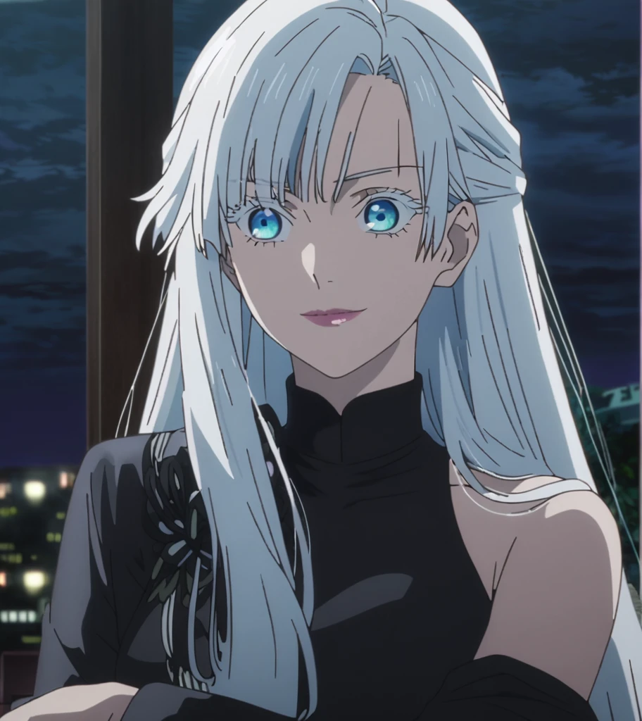 1girl, female gojo satoru, anime screencap from jujutsu kaisen, gojo satoru female version, solo, long_hair, blue eyes, ((white eyelashes)), ((white_hair)), night view, breasts, upper_body, smile, indoors, book, bangs, blue_eyes, lips, (wearing round sunglasses) , ((her hairstyle : The character in the image has long straight white hair, hair on her shoulder )) wearing black color party dress, bare shoulder, breast, "very detailed and high resolution" (blue eyes) ((cross arms)) ((long hair)) ((solo)) ((high resolution)) ((upper body)) (Good quality)