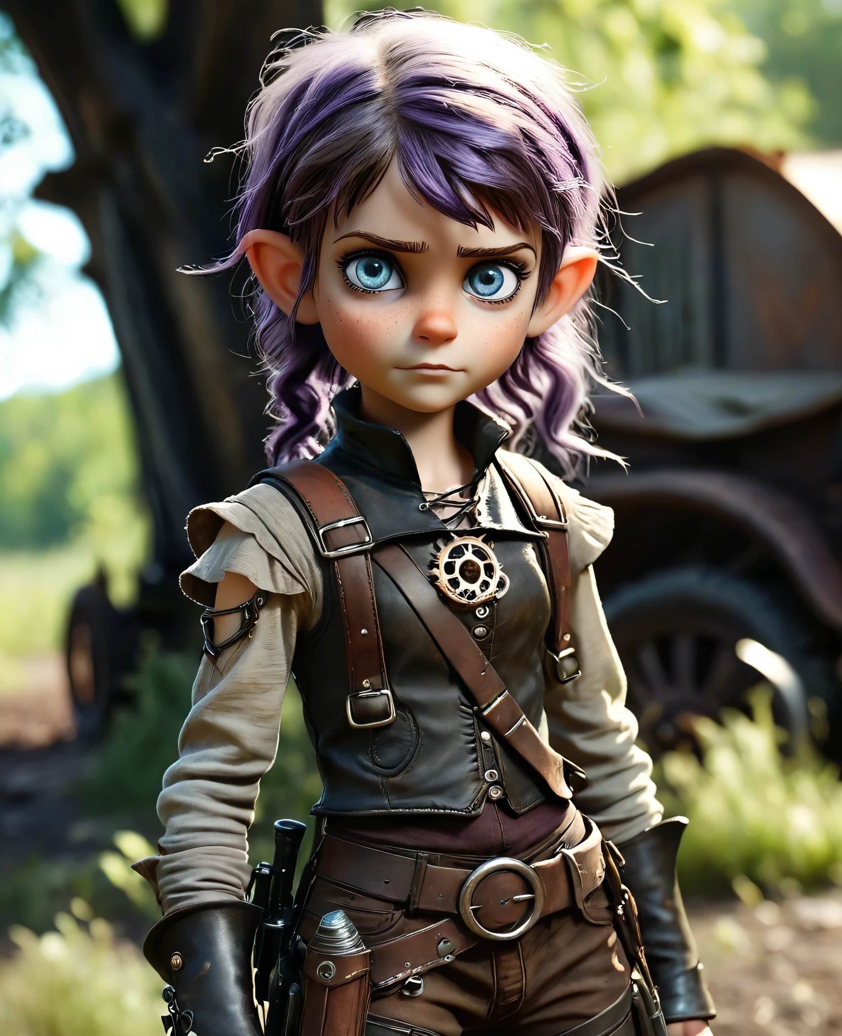 cute elf, (toon elf with extremely cute eyes)), (((elf))), ((((high resolution))), (((extremely detailed))), ((masterpiece)), dramatic shadows, depth of field, analog photo style, (world in which are collide steampunk and postapocalyptic vibes), postapocalyptic cute female in steampunk aesthetic, torn dirty clothes, depth of field, full body shot, unzoomed, (perfect body: 1.4), (sidecut short hairstyle), (stalking is quite common, although not the best way to make a living), stylized atmosphere of unreality, dark atmosphere, dynamic pose, in motion, Armageddon, increase cinematic lighting, highly lifelike skin texture, parted lips, weary eyes, fine eyes, whitened skin, random hair colour, doomsday aura, (Mad Max world), (The Walking Dead world)