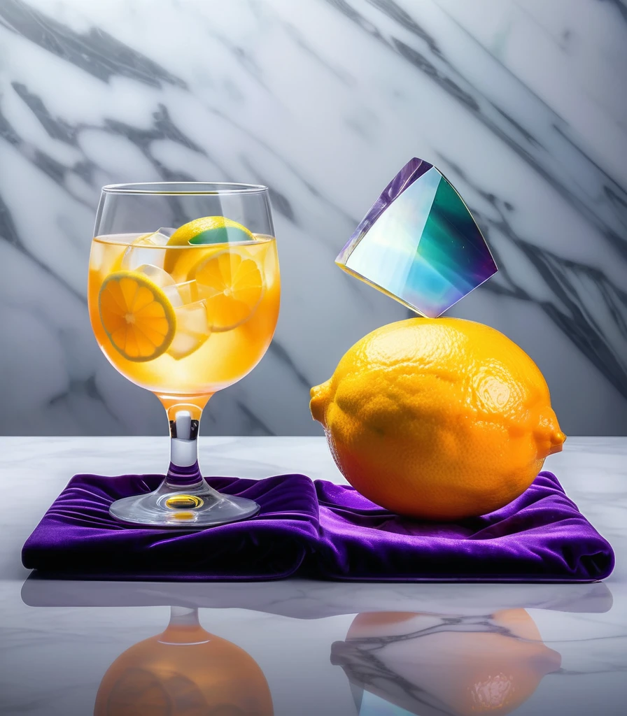 surreal glass shape, liquid glass, chromatic aberration, broken prism, refraction, light caustics, detailed illustration , oranges on a white marble table, deep purple velvet drapes, 8k, photography style,2 glasses with orange bioluminescent fluid in them, on a white marble table, bioluminescent, colorfull, glow, with a slice of lemon in it, it has lemon skin texture, with lemon skin texture, lemon, ice, wearing a lemon, one ice cube, lemonlight