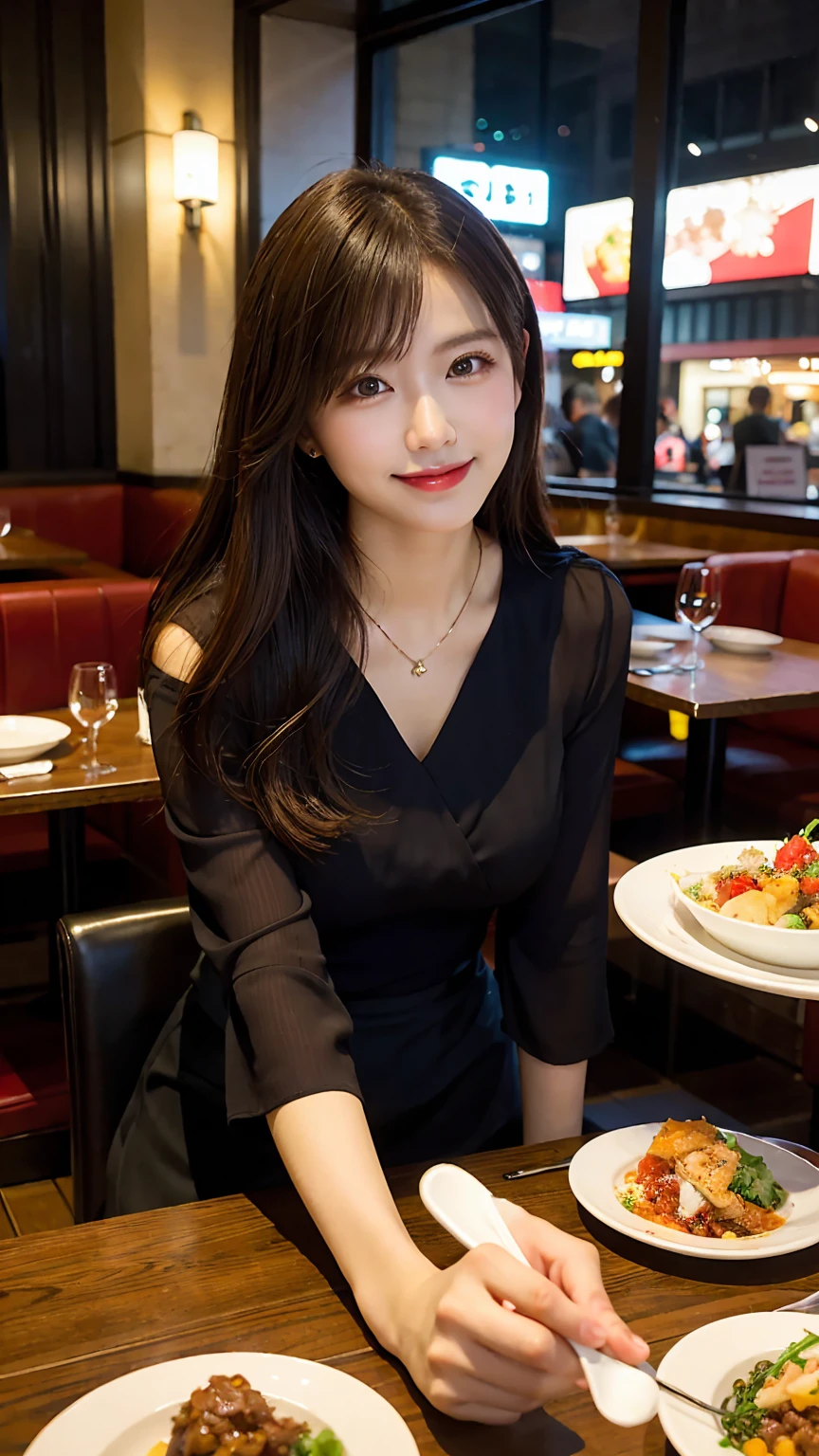 highest quality, masterpiece, 8K, ultra high resolution, (realistic: 1.4), beautiful face, symmetrical eyes, Japanese, 20 years old, brown hair, smile, wearing makeup, high-definition images, atmospheric perspective, super detail, accurate, best quality, (angle from under the table), a Japanese lady, drooping eyes, sleepy face, blush, in the city, busy, skyscrapers, skirt, high heels, necklace, red blouse , restaurant with large windows, (other customers), night scene, windows have harbor view, foods, romantic dinner