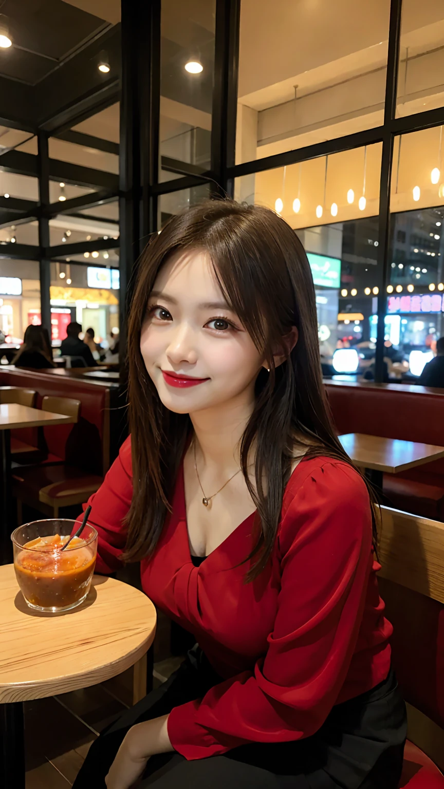 highest quality, masterpiece, 8K, ultra high resolution, (realistic: 1.4), beautiful face, symmetrical eyes, Japanese, 20 years old, brown hair, smile, wearing makeup, high-definition images, atmospheric perspective, super detail, accurate, best quality, (angle from under the table), a Japanese lady, drooping eyes, sleepy face, blush, in the city, busy, skyscrapers, skirt, high heels, necklace, red blouse , restaurant with large windows, (other customers), night scene, windows have harbor view, foods, romantic dinner