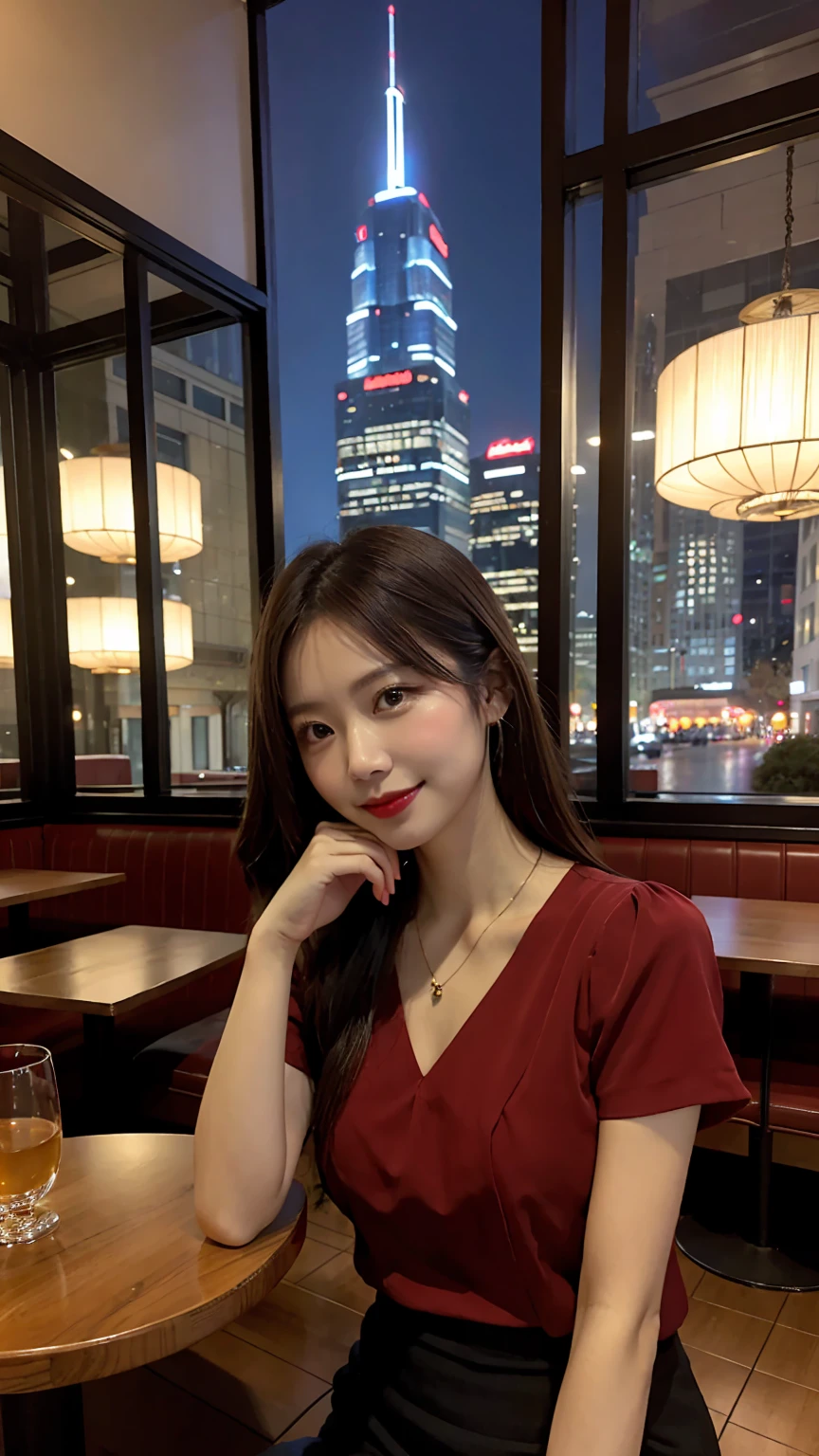 highest quality, masterpiece, 8K, ultra high resolution, (realistic: 1.4), beautiful face, symmetrical eyes, Japanese, 20 years old, brown hair, smile, wearing makeup, high-definition images, atmospheric perspective, super detail, accurate, best quality, (angle from under the table), a Japanese lady, drooping eyes, sleepy face, blush, in the city, busy, skyscrapers, skirt, high heels, necklace, red blouse , restaurant with large windows, (other customers), night scene, windows have harbor view, foods, romantic dinner