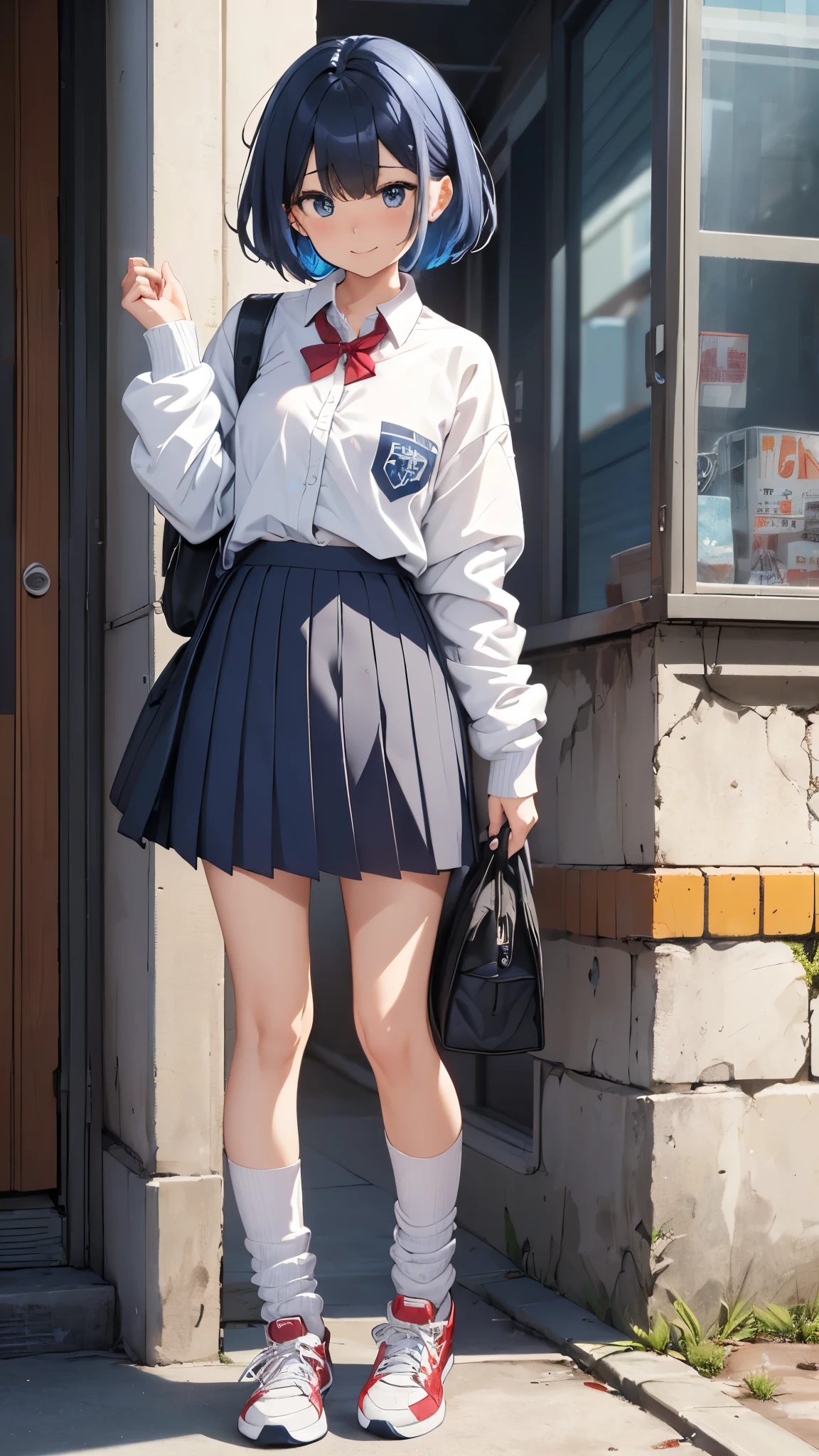 One 17 years old girl,short hair,blue hair mixed colored red hair,((seller suits,dark blue collar,white shirts,long sleeve,school,dark blue skirt,black skirt)),((rage,laugh,grin,slender body,socks,sneakers)).