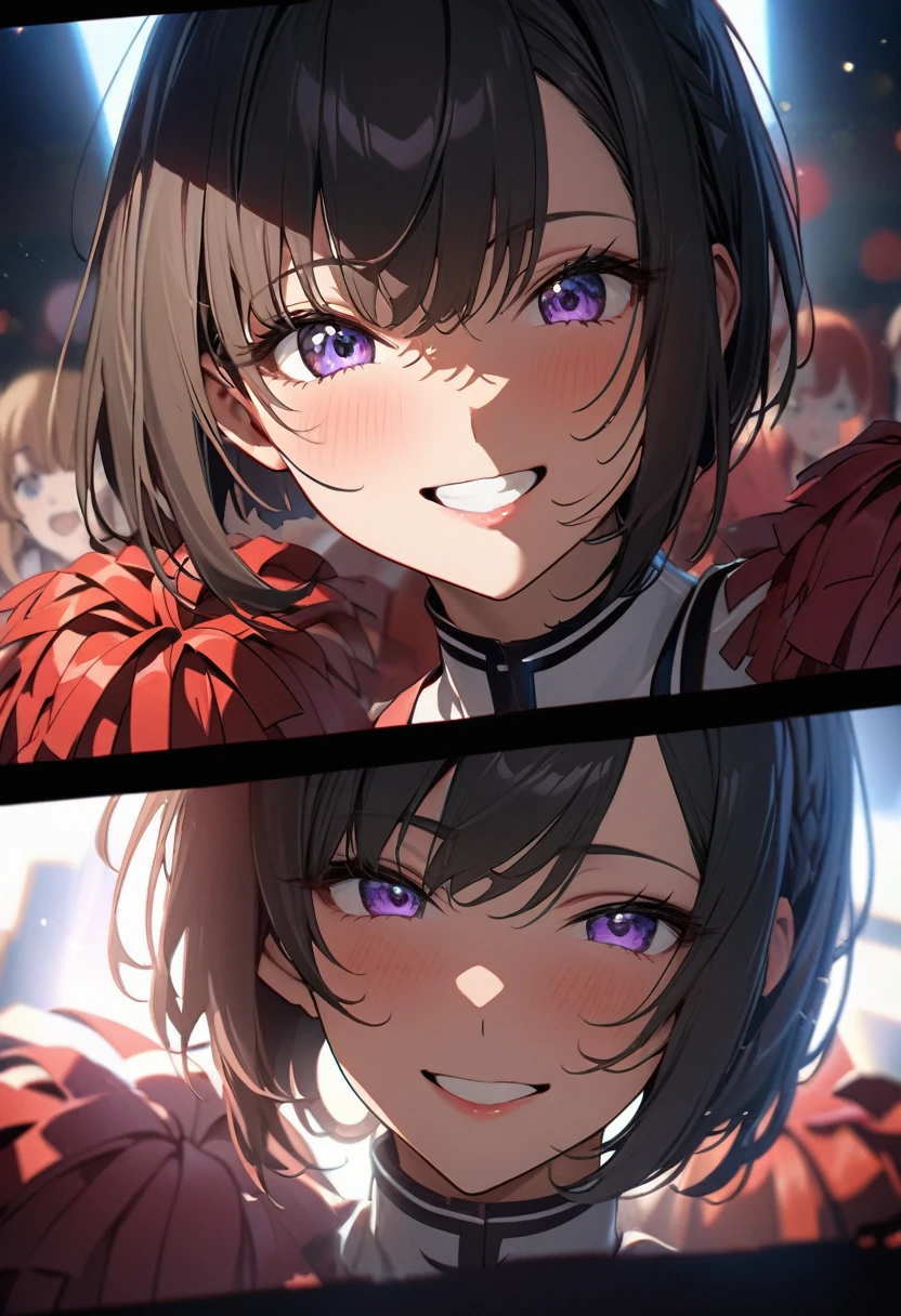 (masterpiece:1.3), (8K、Highest quality:1.4), (Best image quality, Intricate details, High resolution, Depth Field, Natural light, Professional Lighting), (1 Girl), (alone), (Asian Girl, Very beautiful 18 year old manga girl), (Very beautiful woman、Attractive beautiful woman, 美しい銀髪のBobcut, 強い青いeye, 強いeyeのハイライト, Very large breasts, Perfect Anatomy, Dynamic Lighting, Lip gloss), A beautiful face with perfect symmetry, Beautiful detailed woman, Very beautiful detailed face, とても美しい詳細なeye, Smile at the audience, Smiling very happily, Beautiful Teeth, Beautiful Teeth alignment, Very detailed, Very detailed, Beautiful Teeth, Beautiful Teeth alignment, Very detailed, Very detailed, ((Detailed cheerleader:1.2)), The light shines on your face, ((Dynamic pose)), Bobcut, Crossed bangs, Asymmetrical bangs, Long neck, Show me your ears, disappear'eye, eyelash, cute, Very large breasts、Very beautiful and big, Very beautiful breast shape, Beautiful cleavage, Tall Supermodels, Long-legged supermodel, Supermodels dressed as cheerleaders, Strike a Pose, Dressed as a cheerleader, Close-up of a woman, To the camera, Laughter, (Cheerleader Outfits), ((head band, Sleeveless shirt with open chest, flare skirt, mini skirt)), A young and slender gravure idol, Young Gravure Idol, Young Gravure Idol, Stadium background in the daytime