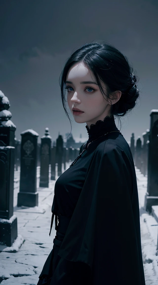 (Highest quality,4K,8K,High resolution,masterpiece:1.2),Super detailed,(Realistic,photoRealistic,photo-Realistic:1.37),Goth girl standing in a cemetery at night,Beautiful attention to detail,Long eyelashes,Pale skin,Black Hair,Black clothes,Moonlit Landscape,Gothic architecture,Dramatic Shadows,Mysterious atmosphere,faint fog,Dark and spooky atmosphere,Unforgettable beauty,Vibrant colors,Dim lighting,atmospheric portrait,emotional expression,Tim Burton-inspired style