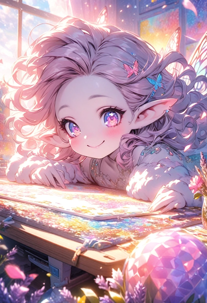 (masterpiece,Highest quality, Very detailed, beautiful, Exquisite, 16K, Full HD), (sunlight,sunny,Petals fluttering,garden),((smile,Happy:1.5)),((Frills, Rhinestones and flowers,Sparkling fluffy layered ball gown)), Lots of flowers,Floral decoration,((Surrounded by roses)),((Butterfly Wings)),(Pink medium hair,Hair blowing in the wind, Wavy Hair,Fluffy hair),(White skin,Lavender eyes, Long eyelashes, Big eyes,Pale pink cheeks, Pointed Ears),Dazzling Light, Warm lighting, (pastel colour,Tabletop, Art Station, Fantasy art:1.2), 