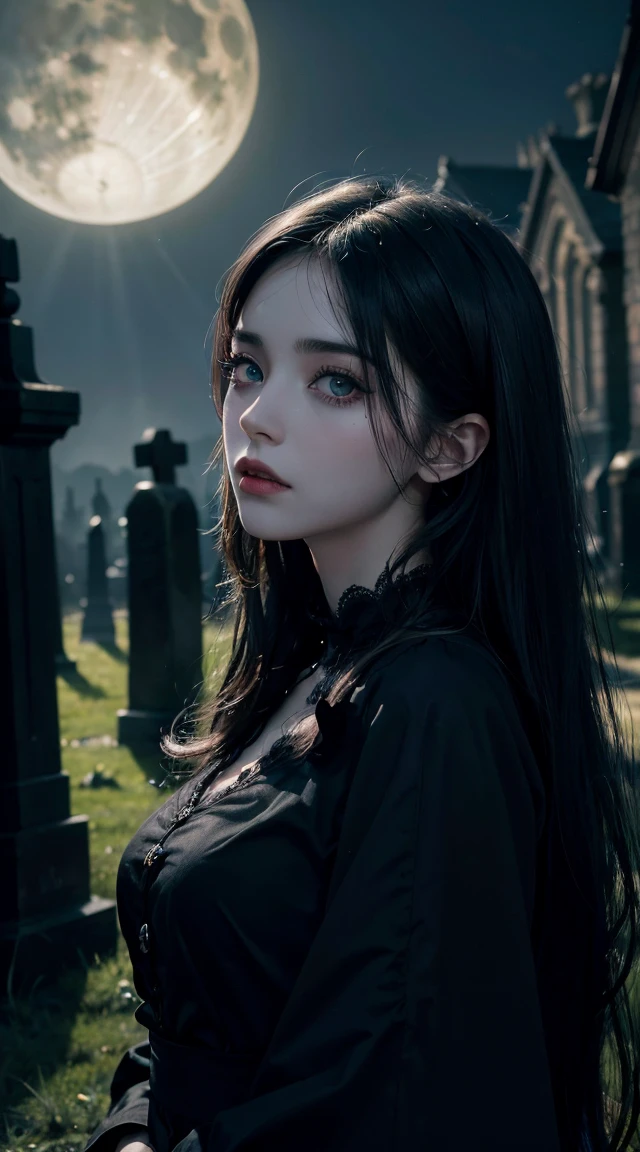 (Highest quality,4K,8K,High resolution,masterpiece:1.2),Super detailed,(Realistic,photoRealistic,photo-Realistic:1.37),Goth girl standing in a cemetery at night,Beautiful attention to detail,Long eyelashes,Pale skin,Black Hair,Black clothes,Moonlit Landscape,Gothic architecture,Dramatic Shadows,Mysterious atmosphere,faint fog,Dark and spooky atmosphere,Unforgettable beauty,Vibrant colors,Dim lighting,atmospheric portrait,emotional expression,Tim Burton-inspired style