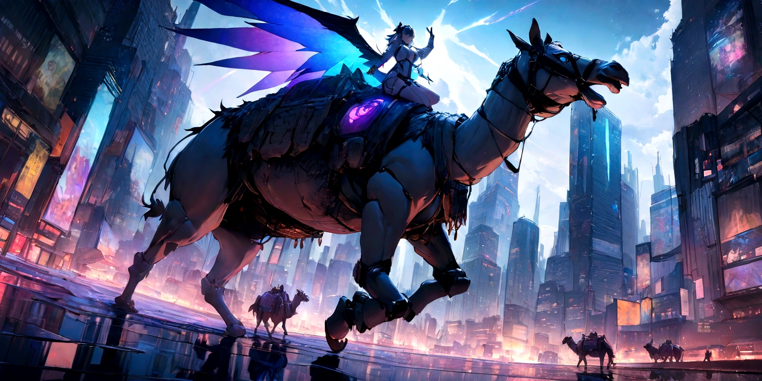 ((masterpiece, Highest quality, Best image quality, High resolution、8ｋ)) A beautiful female demon rides a mechanical camel、Devil&#39;s Wings、Glowing blue eyes and advanced cybernetic enhancements. Seen in dynamic action poses, reflection on a smooth surface. The cityscape below is filled with towering skyscrapers., illuminated by colorful holographic advertisements, Shining with blue energy, Mighty power. The overall atmosphere is dark and mysterious., It had a futuristic techno vibe.. The lighting is dramatic, Intense highlights and deep shadows, Creates depth and tension.