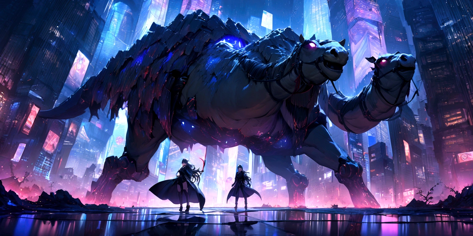 ((masterpiece, Highest quality, Best image quality, High resolution、8ｋ)) A beautiful female demon rides a mechanical camel、Devil&#39;s Wings、Glowing blue eyes and advanced cybernetic enhancements. Seen in dynamic action poses, reflection on a smooth surface. The cityscape below is filled with towering skyscrapers., illuminated by colorful holographic advertisements, Shining with blue energy, Mighty power. The overall atmosphere is dark and mysterious., It had a futuristic techno vibe.. The lighting is dramatic, Intense highlights and deep shadows, Creates depth and tension.