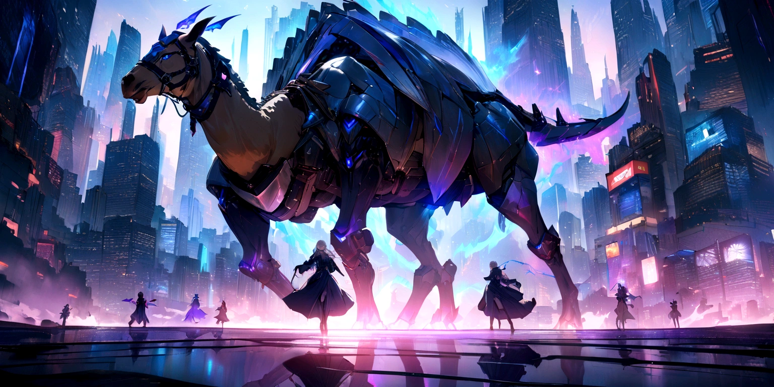 ((masterpiece, Highest quality, Best image quality, High resolution、8k)) A beautiful female demon rides a mechanical camel、Devil's Wings、Glowing blue eyes and advanced cybernetic enhancements. Seen in dynamic action poses, reflection on a smooth surface. The cityscape below is filled with towering skyscrapers., illuminated by colorful holographic advertisements, Shining with blue energy, Mighty power. The overall atmosphere is dark and mysterious., It had a futuristic techno vibe.. The lighting is dramatic, Intense highlights and deep shadows, Creates depth and tension.