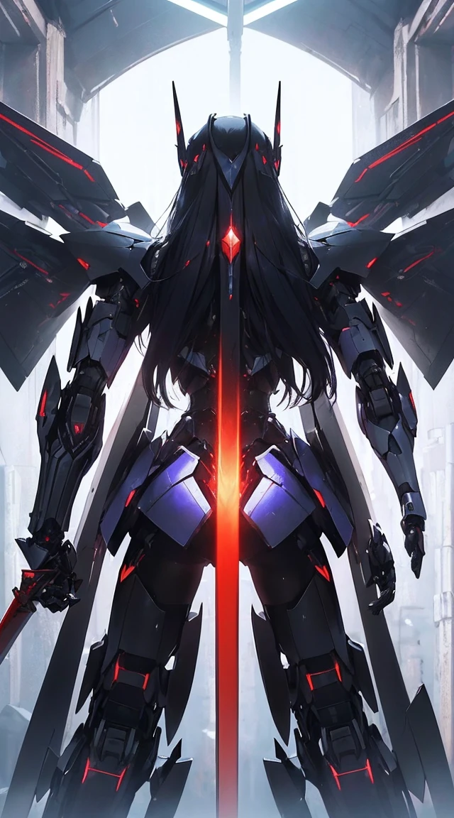 (((Photo from behind:1.6)))、((Shining lenses on both breasts:1.3))、((Pillars of red light radiate from both chests..:1.3))、((Dynamic pose:1.6))、((Holding the Red Sword:1.6))、((attack posture:1.8))、((8K)), ((32k)), ((Highest quality)), ((masterpiece)), ((Ultra-high resolution)), ((Tmasterpiece)), ((Hello:1.4))、((Mechaニカルheadgear:1.2))、((Cyber Headphones:1.3))Fine skin, High quality fabric, Fine metal texture、((Beautiful and dense face))、RAW Photos、Professional, Ultra-fine painting, ((alone)), Beautiful breasts、Highest quality, Very detailed, Very detailed詳細, Finer details, so beautiful, ((Black Knight Robot:1.2)), (Joint of the machine, Mechanical Limbs:1.3), (The internal structure of the machine is exposed:1.3), (Long black hair:1.1), (Beautiful and huge mechanical breasts)、White Veil, cowboy_shot, Side Focus, headgear, Shiny、(Five Fingers, Four fingers and thumb),Concept Art, Anime fantasy artwork, Detailed fantasy art, (Has light blue-purple hair and black wings,,,,,,), (((Long black hair))), (Mecha:1.6)、Sleek and intimidating design, (Jet black perfect robot body)、Jet black and reddish purple arms, Symmetrical wings, 8K 高品質詳細アート, 3D rendering of character art in 8K, neat legs, Defined, Defined fingers,((headshot:1.6))