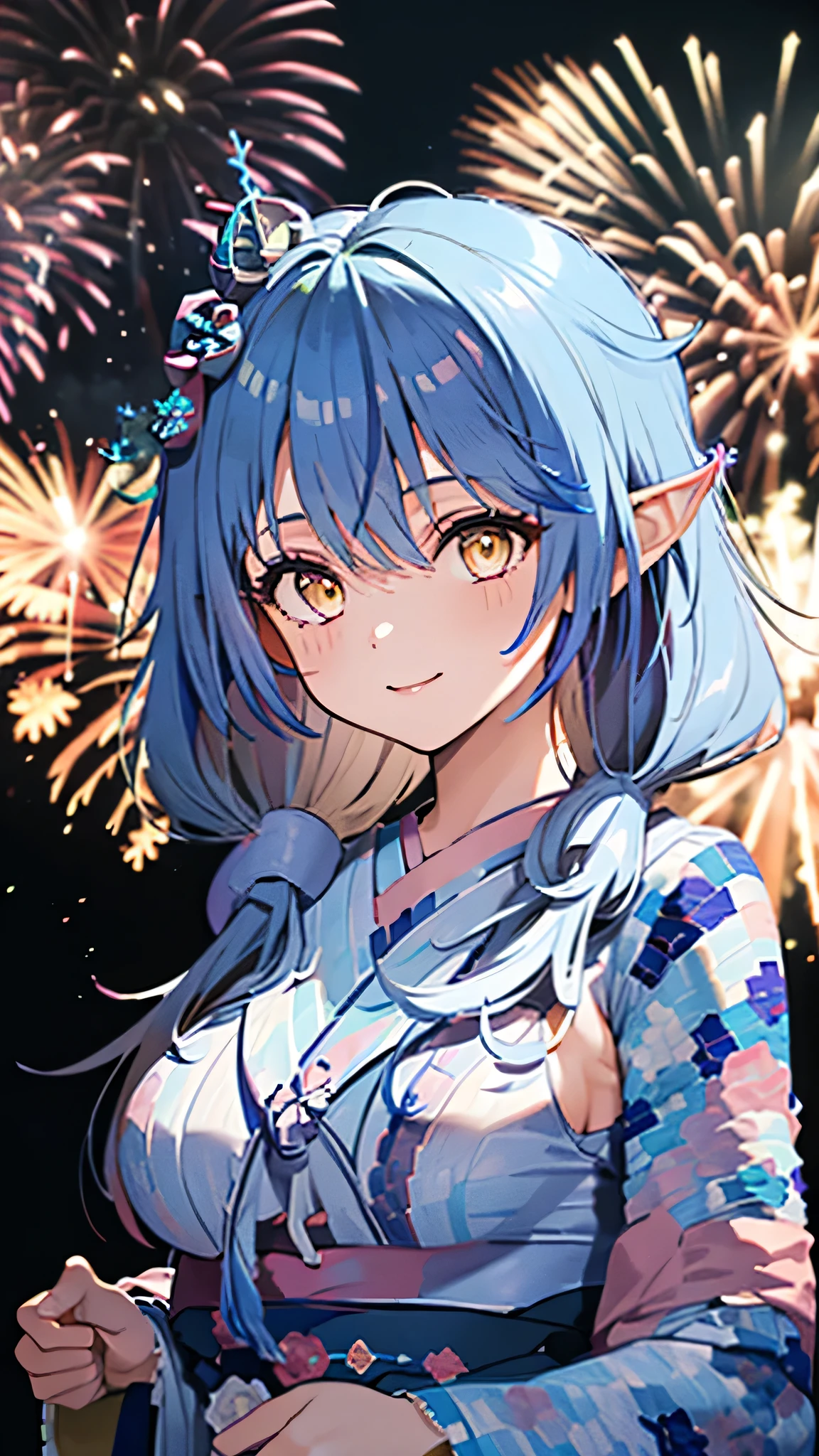 (masterpiece, Highest quality, Super detailed),One girl,((super fine illustration)),((cute eyes,highly detailed skin)),((smile)),((well endowed,Blessed,Captivating body、Detailed Background))、(yukata:1.5),firework,(A lot of fireworks,Night view,Ocean)、Festivals, (full body)