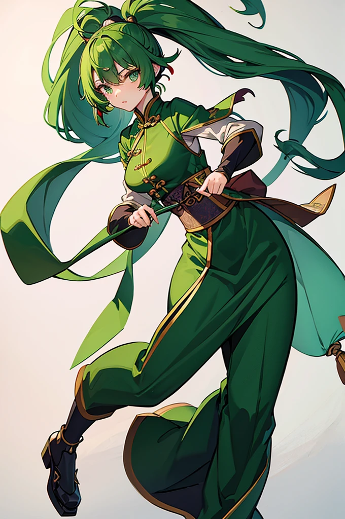 Green Hair、Her hair is short、small breast、upright stance、full body、Fighter、male、Uniform、Chinese Knight、Chinese style、White background、No exposure、China dress、pants、band、front、White clothes、Kung Fu