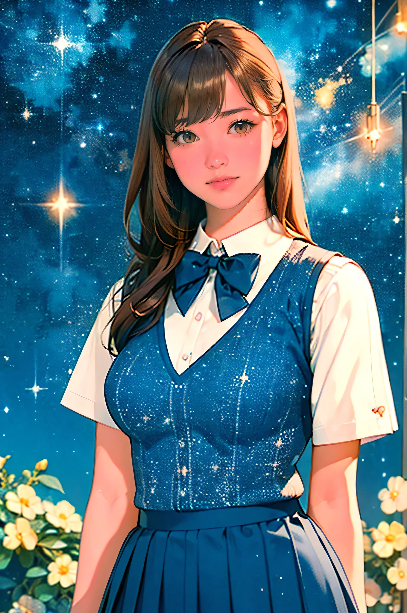 (masterpiece:1.2, Highest quality), (Realistic, photoRealistic:1.4), Beautiful illustrations, (Natural Side Lighting, Cinema Lighting), Depth of field,
Looking at the audience, (Face Focus, Upper Body), Front view, 1 Girl, high school girl, 15 years old, Perfect Face, Cute symmetrical face, Shiny skin,
(Blonde Long Hair), Asymmetrical bangs, Big bright brown eyes、long eyelashes chest)、 thin,
Beautiful Hair, Beautiful Face, Beautiful and beautiful eyes, Beautiful clavicle, Beautiful body, Beautiful breasts, Beautiful thighs, Beautiful legs, Beautiful fingers,
((High-quality fabric, brown knit vest, Short sleeve white collar shirt, Navy Pleated Skirt, Navy bow tie)),
((Starry sky background)), whitestar