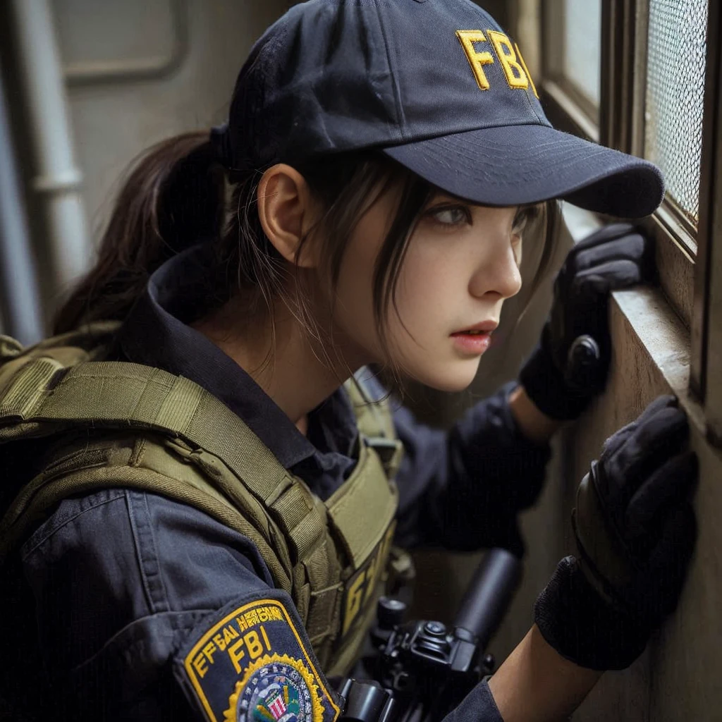 8K,Realistic Photo、Realistic Skin Texture、Superrealism、Japanese female member of FBI SWAT、nervous、Vigilance、Accurate equipment depiction、cap、Operation、Carefully climbing the stairs of a building、Stains on the wall、Suggestive wall graffiti、demarcation