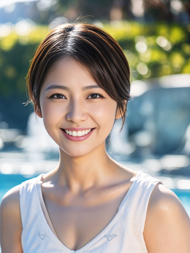 最high quality, masterpiece, High resolution, 1 personの女の子,1 person、Swimwear,Beautiful Face,Realistic, Rim Light,,(Skin with attention to detail:1.2), 8K Ultra HD, Soft lighting, high quality, High resolution, 4K, 8K, Big Breasts、Natural smile、hot spring、Small waist、sticking forward、積の小さいSwimwear、whole body、Shortcuts
