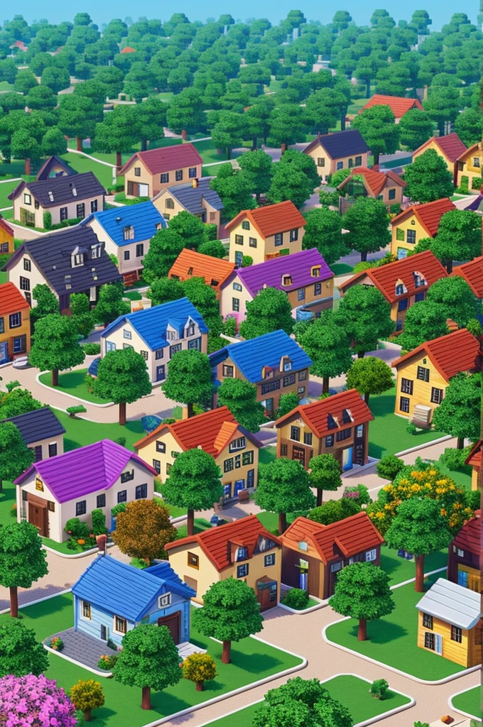 A beautiful pixelated town on roblox thumbnail with colorful trees and houses