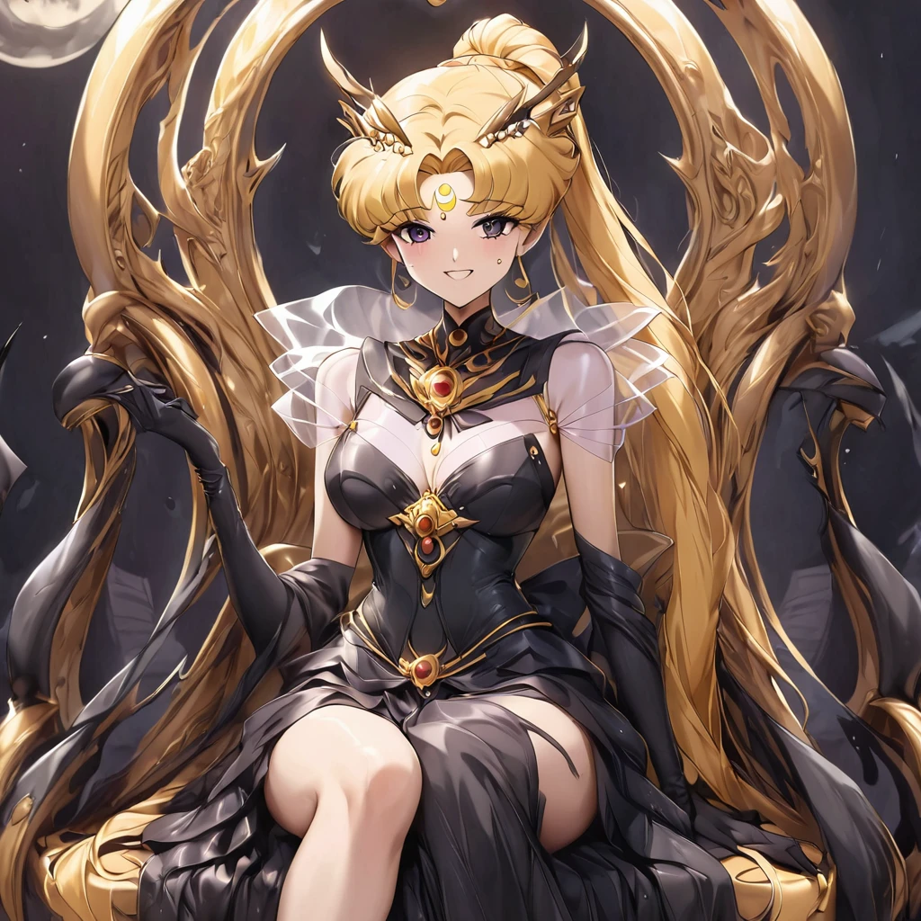 ((Highest quality)), ((masterpiece)), (detailed), (Perfect Face)、Black moon mark on forehead、The woman is Black Serenity, the noble dark queen of the Black Moon clan and has blonde hair.2The woman with long hair tied in a ponytail is Princess Serenity, sitting on a luxurious throne with a strong and evil archdemon.、The woman has a black inverted crescent moon mark on her forehead, a gorgeous and glittering black gothic Victorian dress, a black veil and a black see-through cape, and is wearing luxurious jeweled accessories. She is the Queen of Darkness, the jet-black Princess Serenity, looking at the camera with a happy expression, and has the expression of a maiden in love.