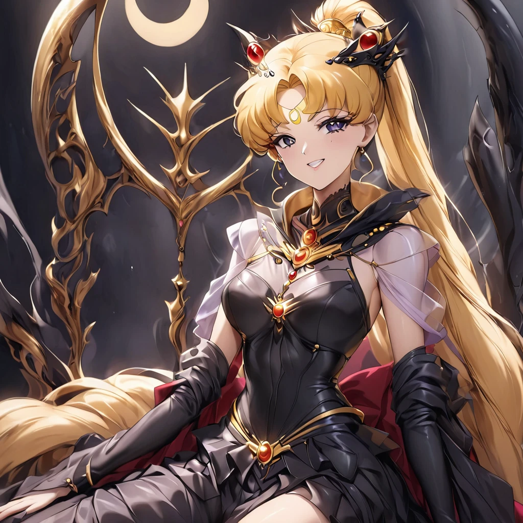 ((Highest quality)), ((masterpiece)), (detailed), （Perfect Face）、Black moon mark on forehead、The woman is Black Serenity, the noble dark queen of the Black Moon clan and has blonde hair.２The woman with long hair tied in a ponytail is Princess Serenity, sitting on a luxurious throne with a strong and evil archdemon.、The woman has a black inverted crescent moon mark on her forehead, a gorgeous and glittering black gothic Victorian dress, a black veil and a black see-through cape, and is wearing luxurious jeweled accessories. She is the Queen of Darkness, the jet-black Princess Serenity, looking at the camera with a happy expression, and has the expression of a maiden in love.