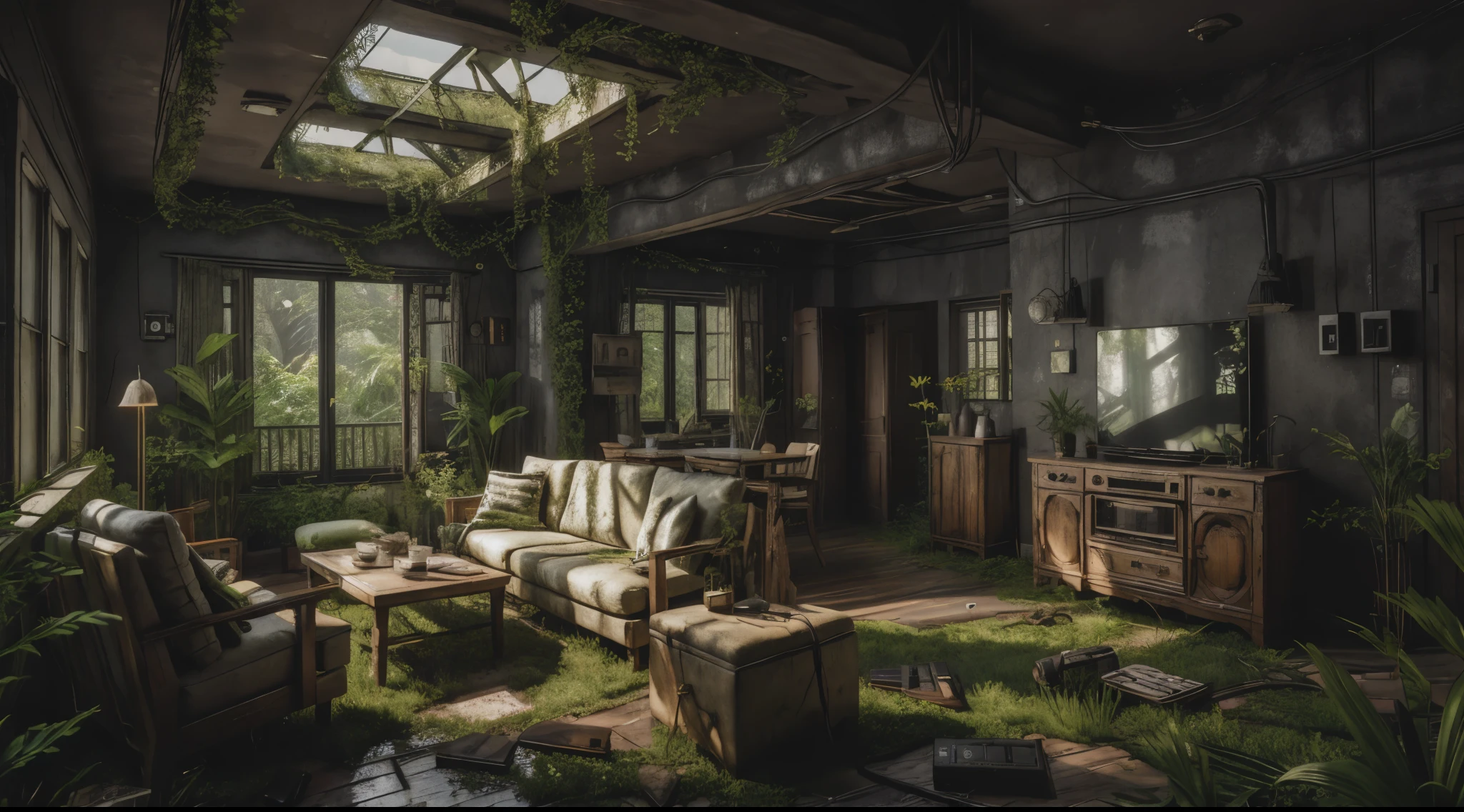 8K, Realistic, truth, High resolution, 6000K, Black Radio, living room, Overgrown SZ_4po environment
