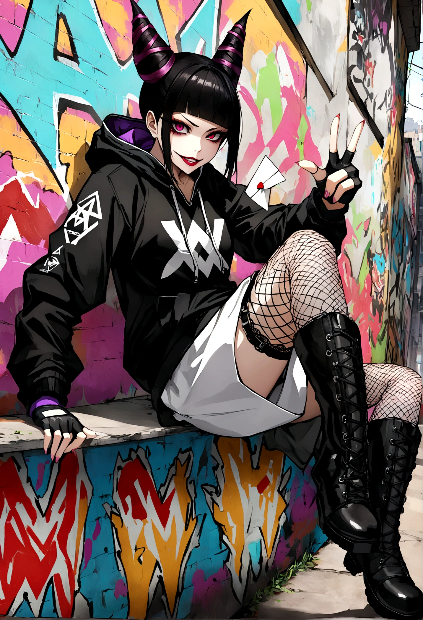 juri han, work of art, black hair, hair horns, black alan walker hoodie with white alan walker logo design of a letter "A" and "W" combined letters, white miniskirt, fishnet stockings, black punk boots, black fingerless gloves,evil smile, graffiti