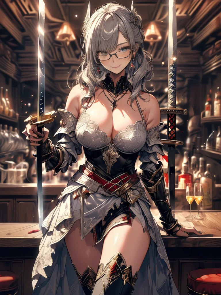 (Highest quality, masterpiece), (Ultra-high resolution, 8k RAW photos, Photorealistic:1.5, Cinema Lighting, Fabric Shading, Thin contours, Clear focus:1.2), Beautiful mature woman, Leaning forward, Long legs, Gray Hair, (Wearing thin glasses:1.5), (Mature Woman:1.5, 28 years old, alone), (1 female:1.6), (Large Breasts, Saggy breasts, big , Tight waist), whole bodyesbian, (medium short Gray Hair, Hair on one eye, (Updo:1.2), Side Lock, Asymmetrical Hair, Wavy Hair), (thin and bright pupils, Highlighted, detailed eyes:1.3, A face with attention to detail, perfect face shape, Bloodshot eyes), (A seductive smile, Half-close your eyes:1.2), (Looking at the audience:1.3), (Dutch Angle, whole body:0.3, From below:1.2), ((Correct Anatomy:1.5, The right move)), (Ideal body proportions),(((Fluttering lace flared mini skirt, Sexy silver armor with attention to detail:1.5、red and black boots、Silver Helmet、Silver Gauntlets、Jeweled、Gold decoration)))、Slender、(Thighs Thighs Thighs Thighs:0.8)、(At the bar、Artistic stained glass、Hello Point、Mysteriouany feathers floating、Angelic、Particles of light、Solemn、Nikko is、colorful、Fantastic:1.2)、(Fantastic:1.3)、(Holding a sword:1.8)、Cross Necklace:1.2