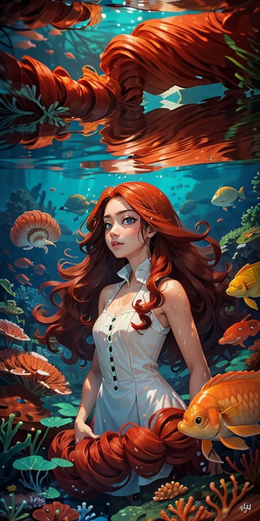 (must-have piece), (best quality), highly detailed, 1 25 year old girl, full-length solo shot, perfect face, beautiful girl, highly detailed face,  (long curly red hair: 1.5), (green eyes: 1 ,4), (float: 1.4 ), (in water: 1.4), seabed, bubble, school of fish, coral reef, small, light, jellyfish, algae, red fish, yellow fish, deep sea , fancy