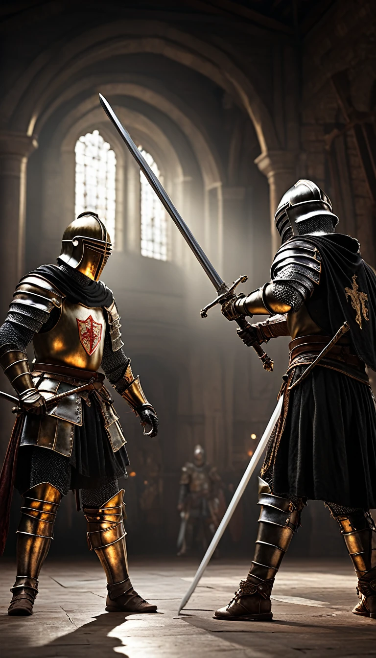 Two knights in a duel, with one laying down his sword and raising a white flag,  holding a white flag, hyper realistic, ultra detailed hyper realistic, photorealistic, Studio Lighting, reflections, dynamic pose, Cinematic, Color Grading, Photography, Shot on 50mm lens, Ultra-Wide Angle, Depth of Field, hyper-detailed, beautifully color, 8k, golden light from the front,