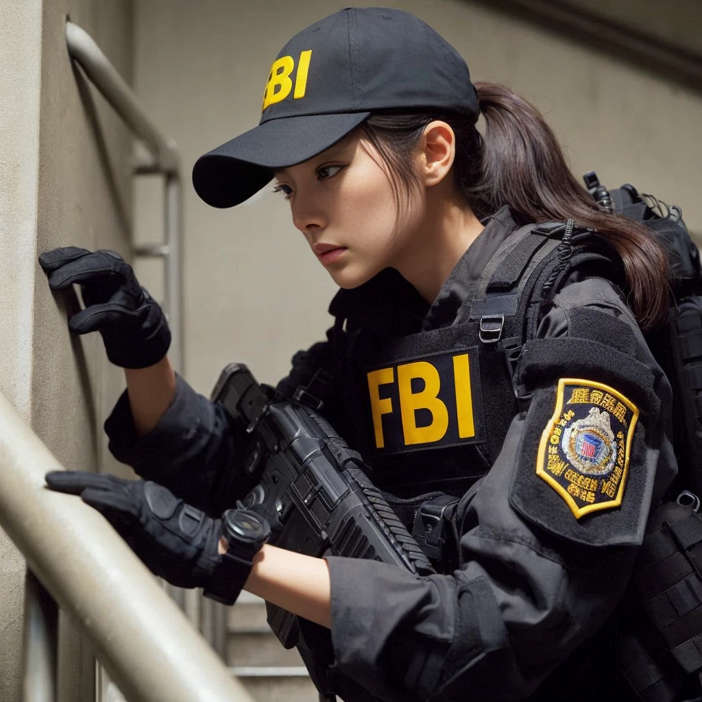 8K,Realistic Photo、Realistic Skin Texture、Superrealism、Japanese female member of FBI SWAT、nervous、Vigilance、Accurate equipment depiction、cap、Operation、Carefully climbing the stairs of a building、Stains on the wall、Suggestive wall graffiti、demarcation