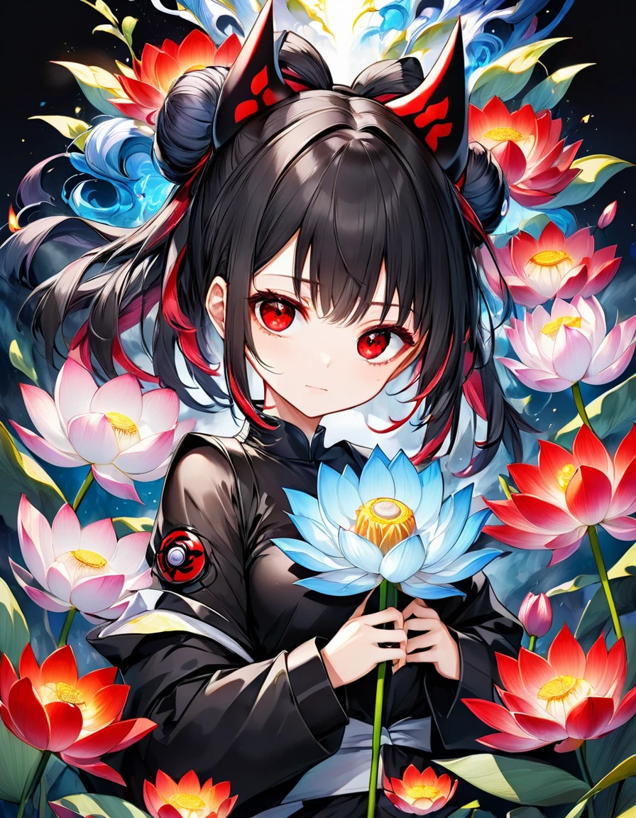ódio no olhar Exquisite and charming anime style illustration, Bulma Naruto fusão com Vegeta dark Venom fire in the lotus flower Silver fire black bed, a beautiful girl with withe black dark devil hair, Sharingan red eyes, half body, hiding in the flowers dark black , colorful and dazzling black . Intricate details, rendering and painting techniques come together to create a mesmerizing scene that evokes elegance and otherworldly elegance.