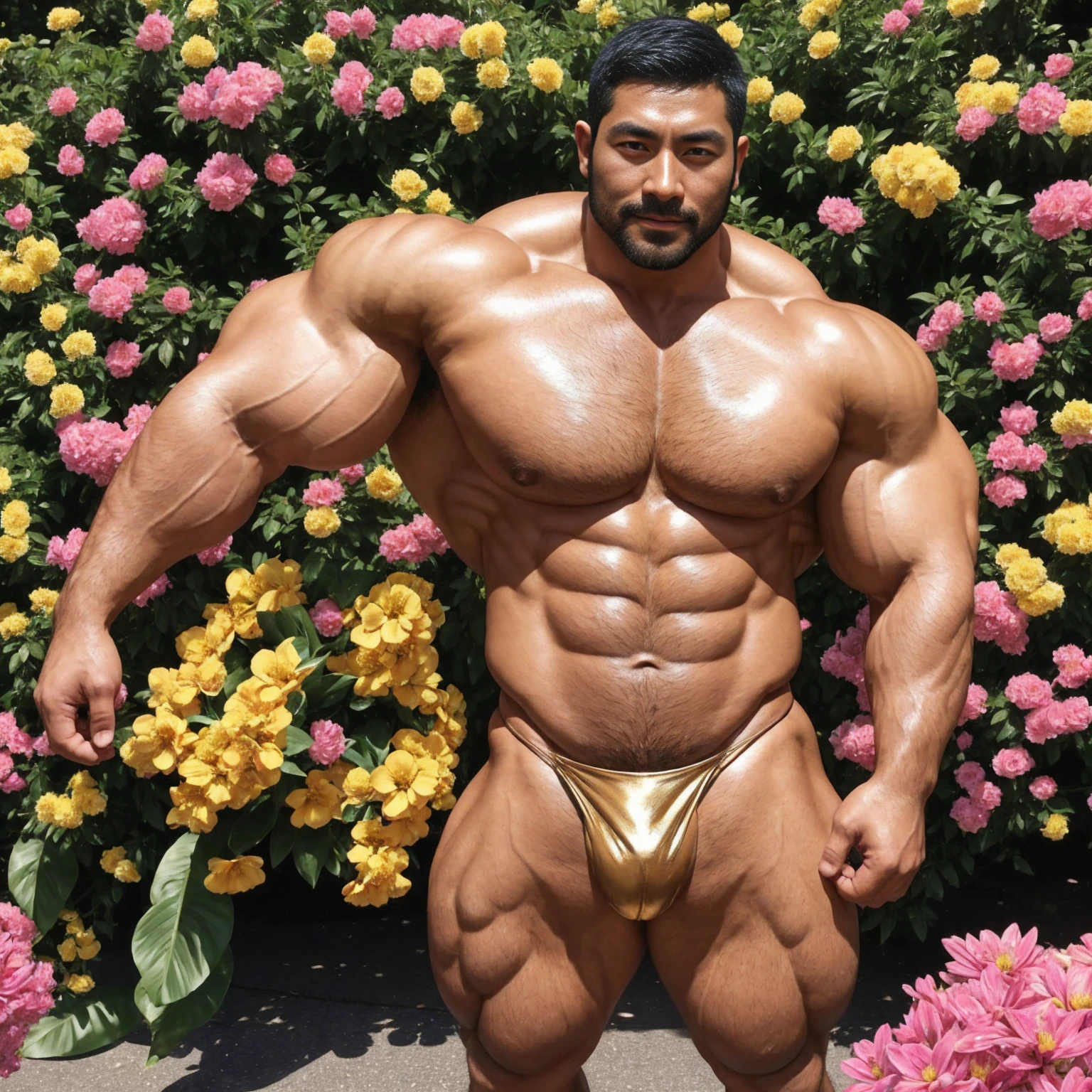 There is only one handsome Asian actor in the photo,35 years old,High target, Fitness,short hair, O-Shaped Beard,Perfect body, Dark skin color,Radiant Skin,Smooth skin,Shiny, shiny skin,Smooth pectoral muscles,No chest hair,No body hair,Muscle bulge, muscular, Very large pectoral muscles,Very sexy abdominal muscles,Very well-developed leg muscles,Huge concave and convex area,Brightens oily skin,Wearing a gold leather shiny thong,Handsome face, Correct and accurate male body proportions, Wear black socks,Put your hands behind your back,Stand among the flowers,Flowers bloom all around。