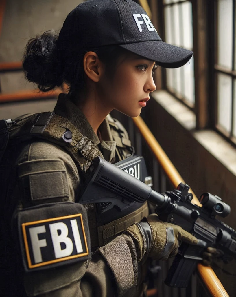 8K,Realistic Photo、Realistic Skin Texture、Superrealism、Japanese female member of FBI SWAT、nervous、Vigilance、Accurate equipment depiction、cap、Operation、Carefully climbing the stairs of a building、Stains on the wall、Suggestive wall graffiti、demarcation